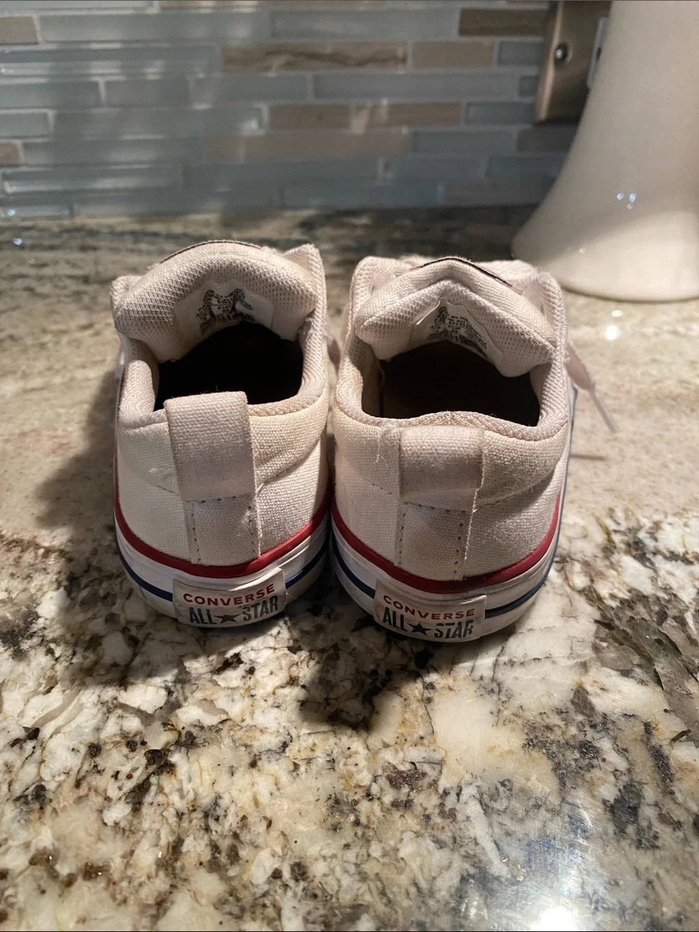 Converse White Kids Low Top Sneakers with Red & Blue Stripe